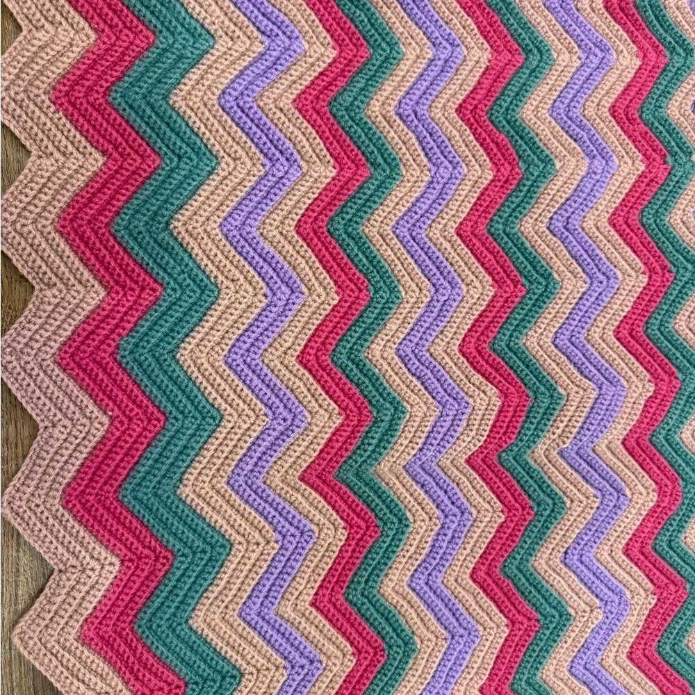 Vintage Crochet Afghan Chevron Ripple Throw Blanket Handmade Purple Teal Brown